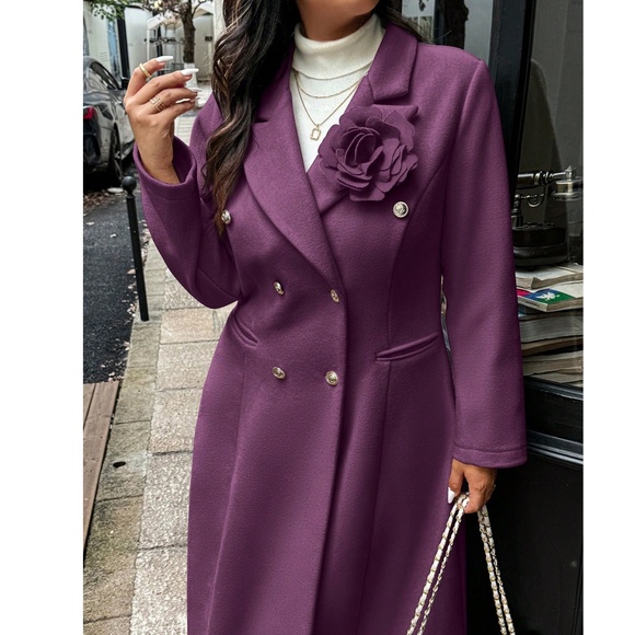 Classic Solid Double Button Floral Appliqué Mid Length Jacket Coat - Picture 13 of 13